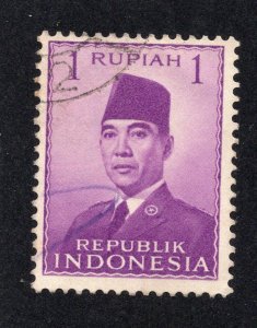 Indonesia 1951-53 1r purple Sukarno, Scott 387 used, value = 25c