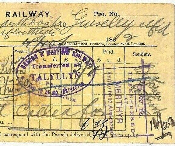 GB WALES RAILWAY Tallylyn Station Oval 1892 Taff Vale Parcel WayBill RARE BL146