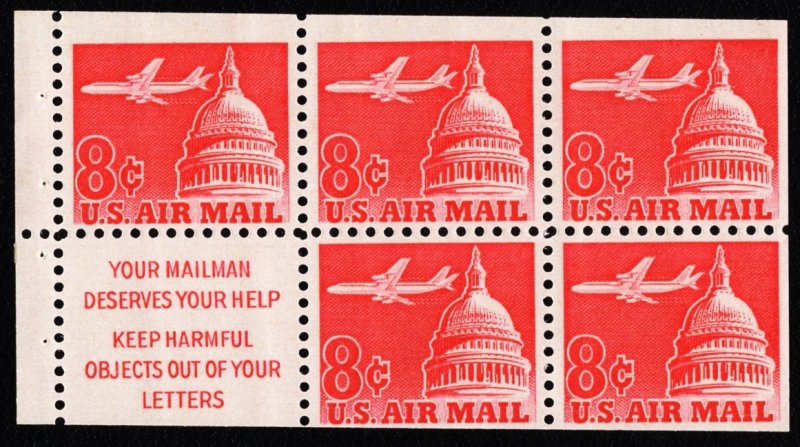 US C64b MNH VF 8 Cent Jet and Capitol Booklet Pane of 5+Slogan 1