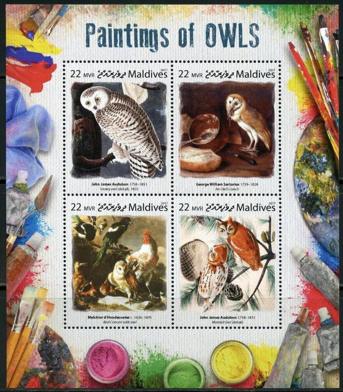 MALDIVES  2017 PAINTINGS OF  OWLS  SHEET MINT NEVER HINGED