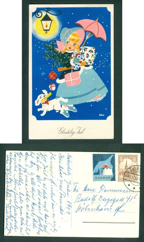 Denmark. Christmas Card 1959. Seal + 20 Ore. Aakirkeby. Girl,Dog.  Art: Ellis