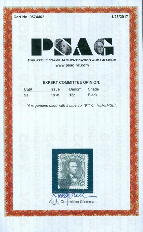 USA : 1868. Scott #91 Used. Nice Sound stamp. PSAG Certificate. Cat $650.00.