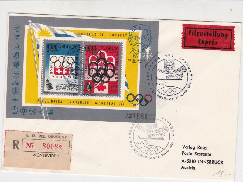 Uruguay 1976 Expres Regd Flight Airmail AUA LH507 Olympics Stamps Cover Rf 29408
