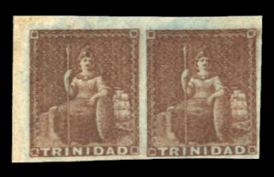 Trinidad #2 Cat$45+ (for hinged), 1851 1p purple brown, horizontal pair, neve...