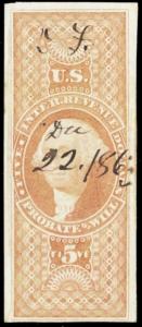 R92a, Used VF-XF $5 Probate Will Revenue Stamp Cat $900.00 - Stuart Katz