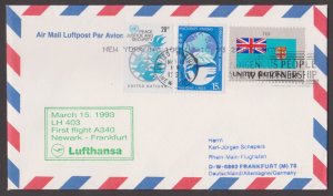 UNITED NATIONS UNO 1993 LUFTHANSA NEW YORK to FRANKFURT FIRST FLIGHT COVER FFC