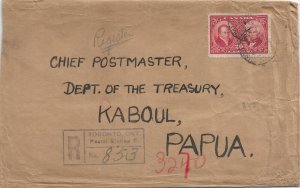 1937 Toronto, Canada to Kabul, Papua Registered solo 20c Historical Iss. (56887)