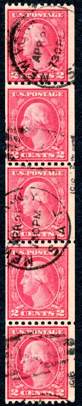 US 450 – 1915 2c Washington. Used strip of 5. VF