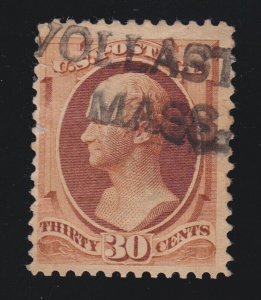 US 217 30c Hamilton Used with Wollaston Mass Straight Line Fancy Cancel