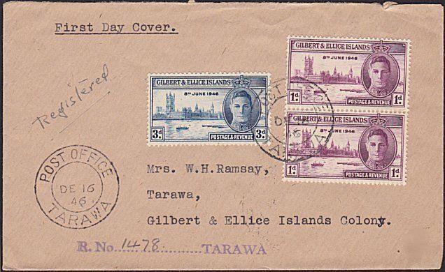 GILBERT & ELLICE IS 1946 Victory FDC - Registered ex Tarawa................4716