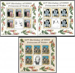 Maldives 1982 - Princess Diana - 3 Sheets of 5 Stamps - Scott #952-4 - MNH