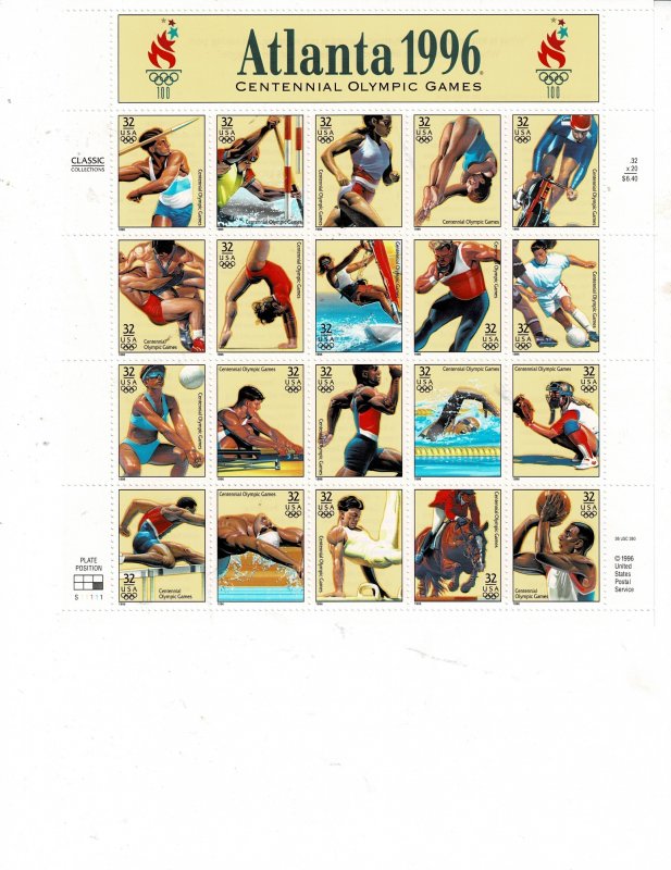 Atlantic 1996 Olympics 32c US Postage Sheet #3068 VF MNH