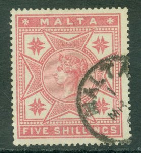 Sg 30 Malta 1886. 5 Very Fine Used Rose Part Malta CDS, Queens Leaves-