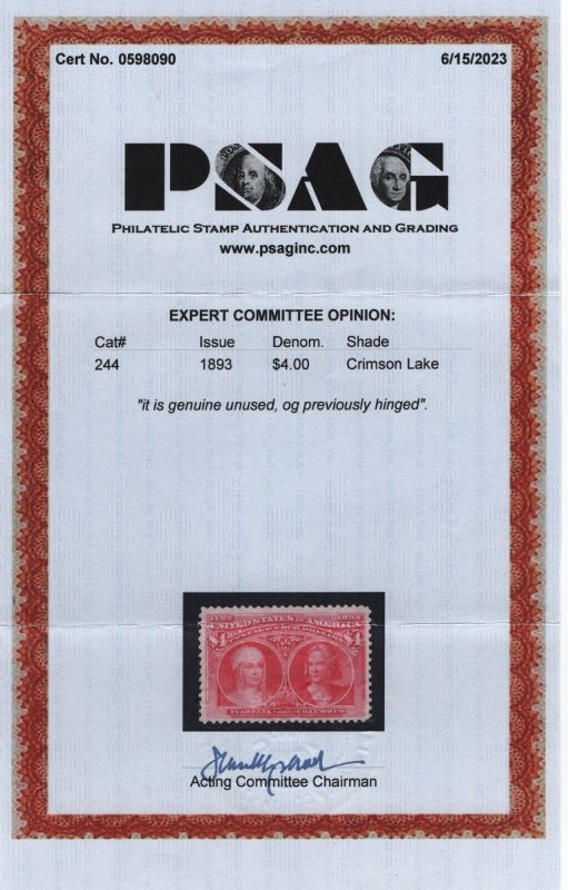 244 VF+ lightly hinged PSAG cert OG rich color cv $ 2200 ! see pic !