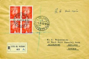 Air Mail Lire 100 orange block of four on cover Racc. for London