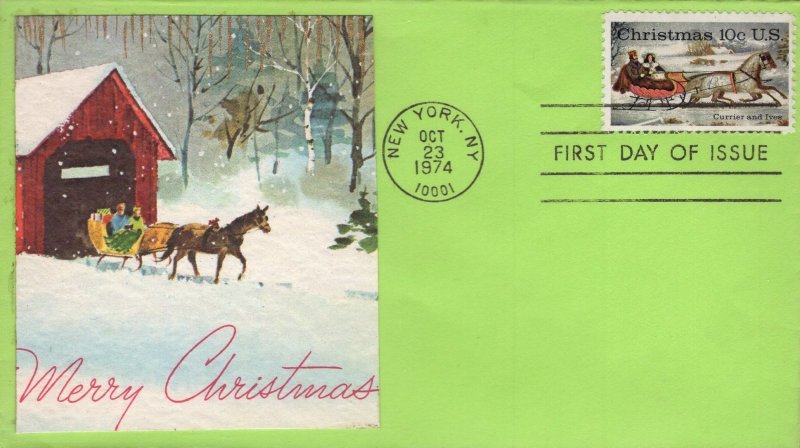 Set of 4 Spiro Paste-on Cachet FDCs for the 1974 Currier & Ives Christmas Stamp