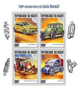 Niger Cars Stamps 2017 MNH Louis Renault Megane Twizy Primaquatre 4v M/S