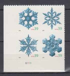 ​(F) USA Sc#4101-4104 SNOWFLAKES Winter Holiday 39¢ Plate Block of 4 MNH
