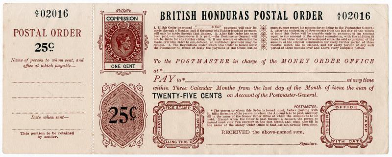 (I.B) British Honduras Revenue : Postal Order 25c