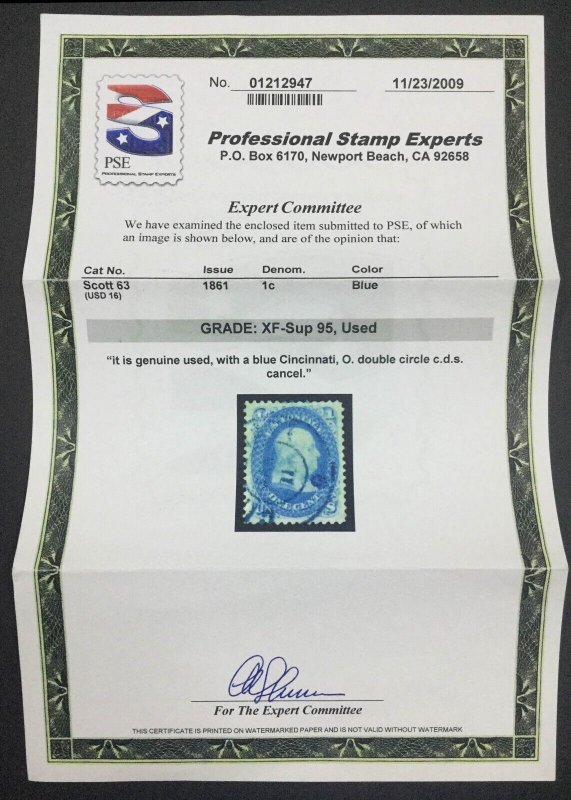 MOMEN: US STAMPS #63 USED PSE GRADED CERT XF-SUP 95 LOT #76463