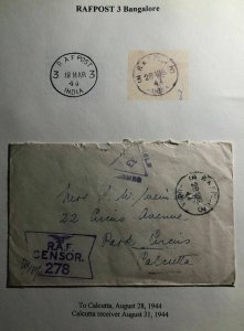 1944 Bangalore India RAFPOST 3 censored Cover To Calcutta