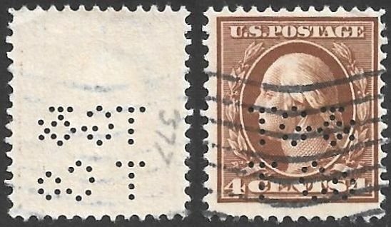 US Perfin TG&TCo on Scott # 377 Used. All Additional Items Ship Free.