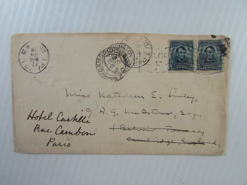 USA 1908 cover Washington, DC to Cambridge, England to Paris, France Fine cond. 