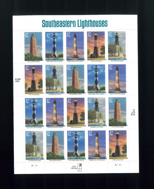 United States 37¢ Southeastern Lighthouses Postage Stamp #3787-91 MNH Full Sheet