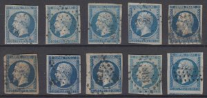 FRANCE 1853-60 NAPOLEON Sc 15 & 15d GROUP OF 10 SINGLES SHADES & CANCELS €124+ 