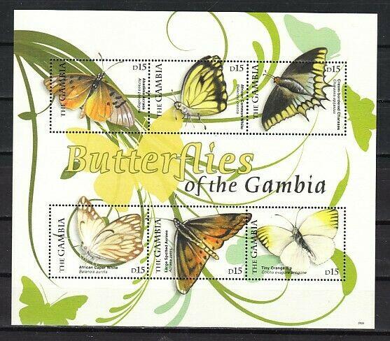 Gambia,  Butterflies of Gambia sheet of 6.  