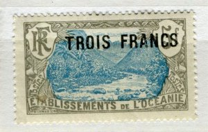 FRENCH COLONIES; L'Oceanie 1920s fine surcharged TROIS FRANCS issue Mint