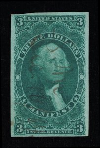 EXCEPTIONAL GENUINE SCOTT R86a VF-XF 1862-71 GREEN 1ST ISSUE MANIFEST IMPERF 928