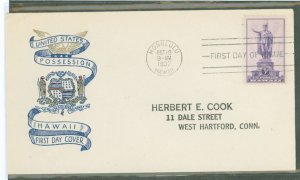 US 799 1937 3c Hawaii  (part of the USA Possession Series) single on an addressed First Day Cover with a Plimpton cachet.