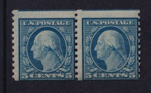1919 Washington 5c blue Sc 496 5c COIL PAIR MNH CV $17.50 full original gum