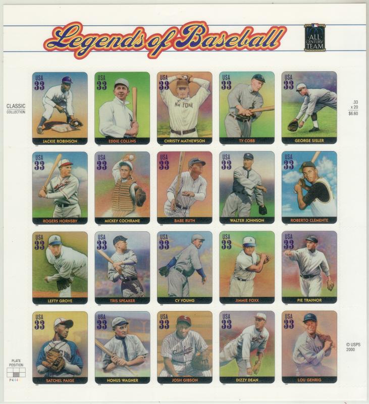 2000 U.S 33¢ Legends of Baseball complete sheet MNH Sc# 3408 a-t