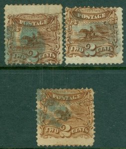 EDW1949SELL : USA 1869 Scott #113. 3 stamps. Used. All w/ Blue cancels Cat $405.