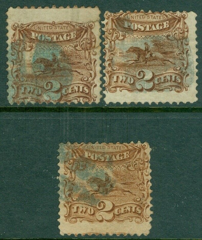 EDW1949SELL : USA 1869 Scott #113. 3 stamps. Used. All w/ Blue cancels Cat $405.