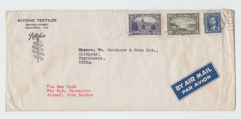 75c airmail rate  via New York London to ** INDIA ** 1937 Canada cover