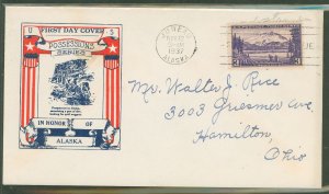 US 800 (1937) 3c Alaska (part of the US Possession series) single on an addressed First Day cover with an unknown cachet