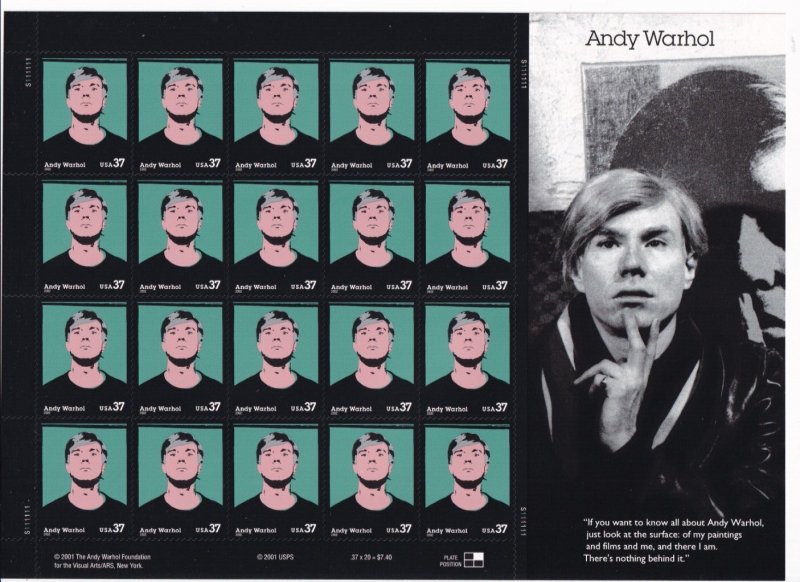U.S.: Sc #3652, Andy Warhol 37c, Sheet of 20, MNH (3652)