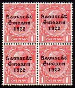1922 1d block of 4, TR stamp with reversed Q for O in ONE from GB Pl. 96, R.15/9