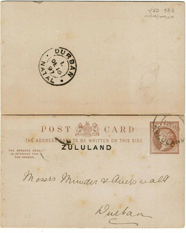 Zululand 1897 partial Eshowe cancel on postal reply card to Natal