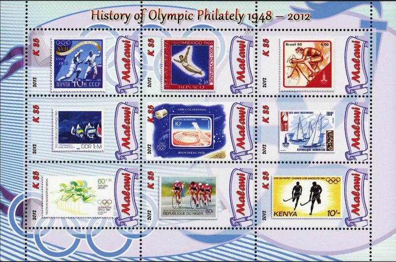 Malawi History of Olympic Philately Kenya Mexico Souvenir Sheet of 9 Stamps Mint