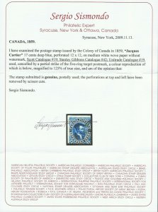 GENUINE CANADA SCOTT UNITRADE #19 GIBBONS #42 USED SISMONDO CERT 1859 DEEP BLUE