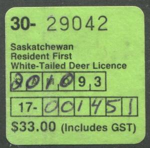 CANADA REVENUE SASKATCHEWAN HUNTING LICENCE 1993 WHITE-TAILED DEER