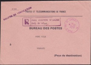 FRANCE 1990 official P.O. cover registered Paris to VANUATU................B2662