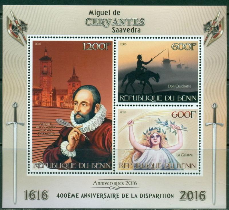 Cervantes Don Quichotte Spain Literature Benin MNH stamp set 4val + ss