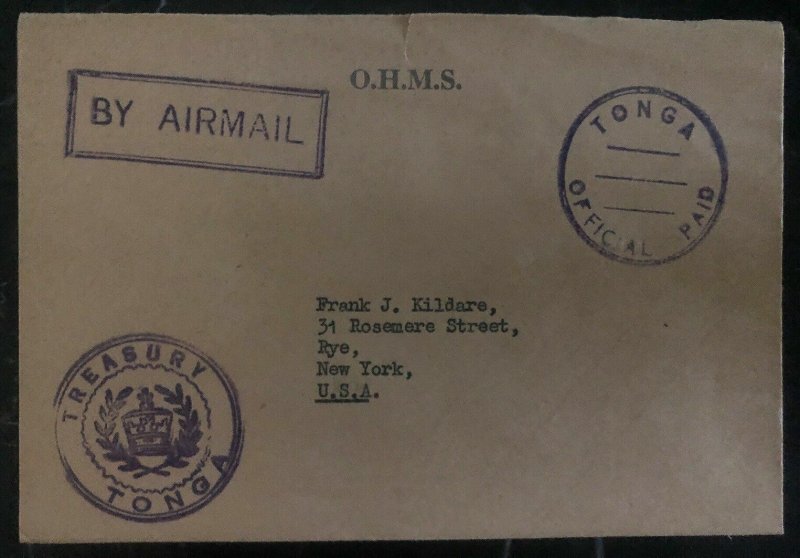 1950s Tonga Toga Islands Airmail On His Majesty Service Cover To New York USA