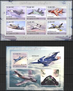Mozambique 2009 History of Aviation (5) Airplanes Subsonic Sheet + S/S MNH