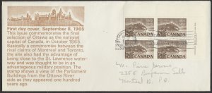1965 #442 Ottawa as Capital FDC Plate Block Schering Cachet Ottawa